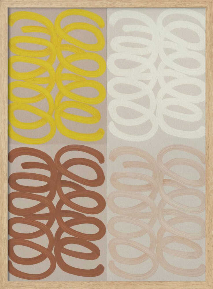 A modern abstract painting in a black frame, divided into four quadrants. Each quadrant features repeating, hand-painted coil patterns: yellow in the top left, off-white in the top right, rust brown in the bottom left, and pale peach in the bottom right, all set against a neutral beige background. Wall Art