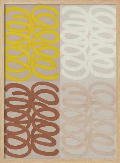 A modern abstract painting in a black frame, divided into four quadrants. Each quadrant features repeating, hand-painted coil patterns: yellow in the top left, off-white in the top right, rust brown in the bottom left, and pale peach in the bottom right, all set against a neutral beige background. Wall Art