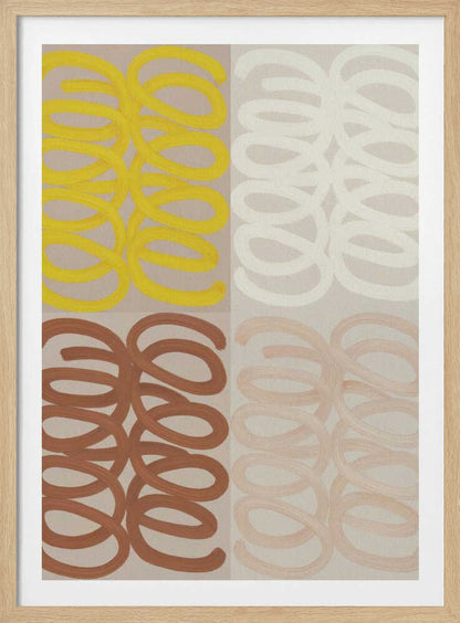 A modern abstract painting in a black frame, divided into four quadrants. Each quadrant features repeating, hand-painted coil patterns: yellow in the top left, off-white in the top right, rust brown in the bottom left, and pale peach in the bottom right, all set against a neutral beige background. Wall Art