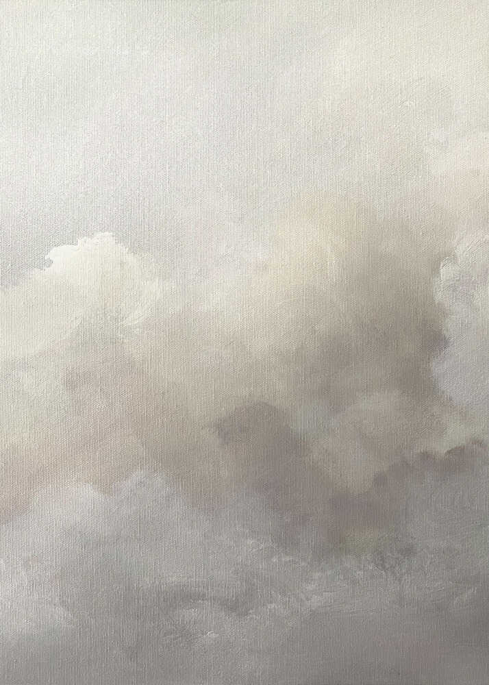 Abstract painting of moody, soft clouds in neutral beige and grey tones.