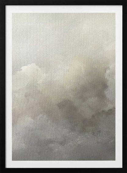 Abstract painting of moody, soft clouds in neutral beige and grey tones.