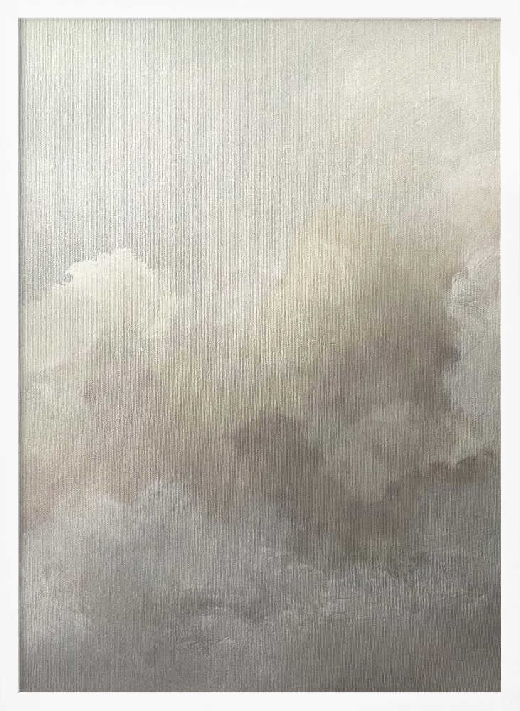 Abstract painting of moody, soft clouds in neutral beige and grey tones.