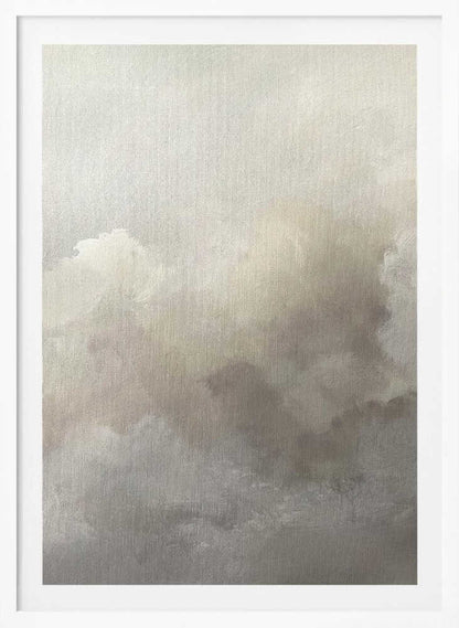 Abstract painting of moody, soft clouds in neutral beige and grey tones.