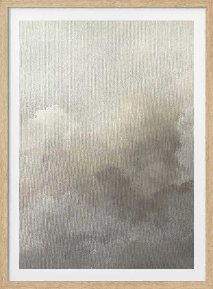Abstract painting of moody, soft clouds in neutral beige and grey tones.