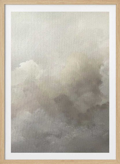 Abstract painting of moody, soft clouds in neutral beige and grey tones.