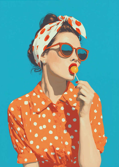 A pop art style illustration of a woman in a red and white polka dot headband and orange sunglasses, licking a yellow lollipop. She is wearing an orange and white polka dot collared shirt against a solid bright blue background, all within a black frame. Artwork