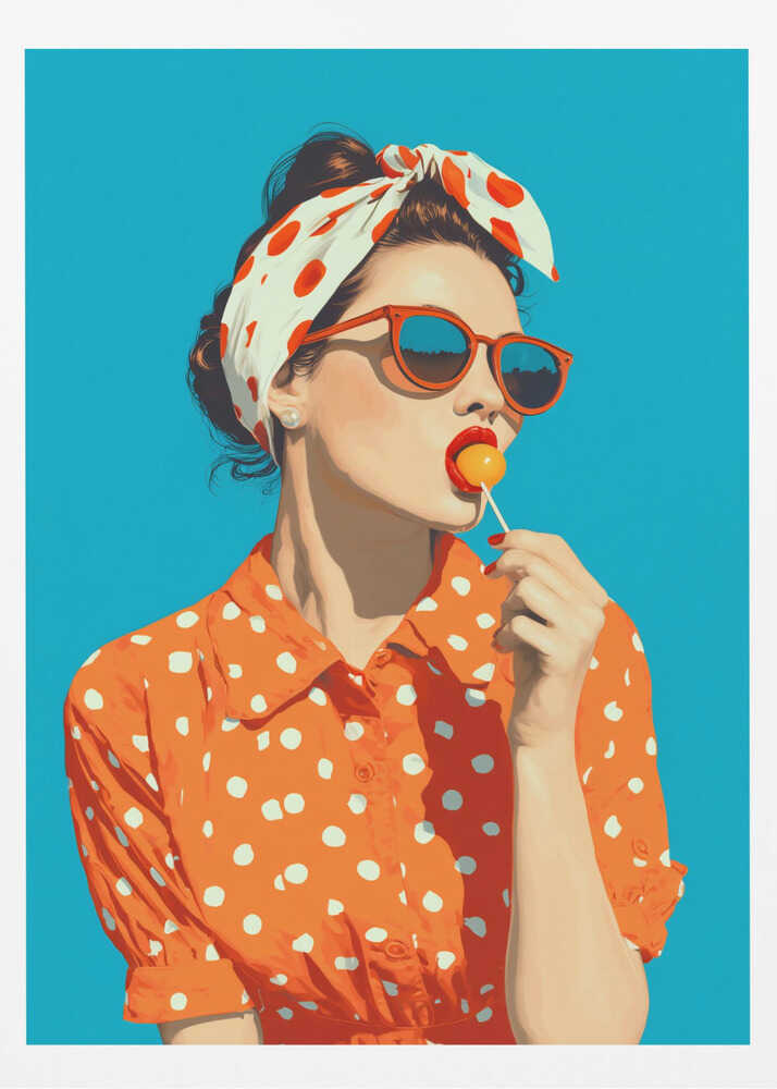 A pop art style illustration of a woman in a red and white polka dot headband and orange sunglasses, licking a yellow lollipop. She is wearing an orange and white polka dot collared shirt against a solid bright blue background, all within a black frame. Artwork
