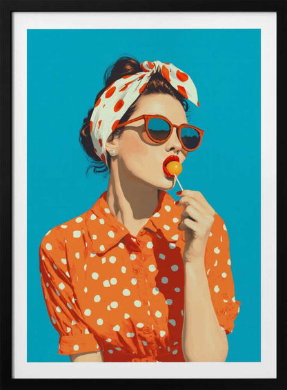 A pop art style illustration of a woman in a red and white polka dot headband and orange sunglasses, licking a yellow lollipop. She is wearing an orange and white polka dot collared shirt against a solid bright blue background, all within a black frame. Artwork
