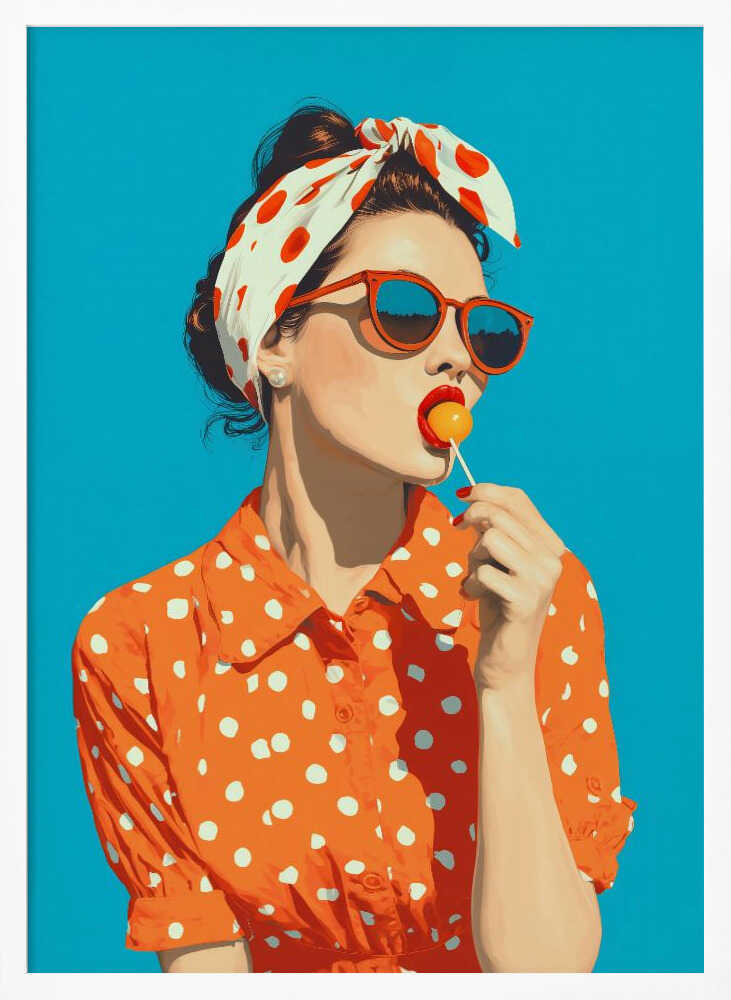 A pop art style illustration of a woman in a red and white polka dot headband and orange sunglasses, licking a yellow lollipop. She is wearing an orange and white polka dot collared shirt against a solid bright blue background, all within a black frame. Artwork