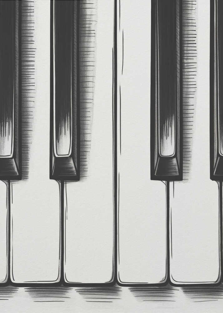A stylized, close-up illustration of black and white piano keys. The artwork is rendered in a graphic, sketch-like style with bold black outlines and hatched shading. The vertical composition is tightly framed in black, focusing on a small section of the keyboard. Print