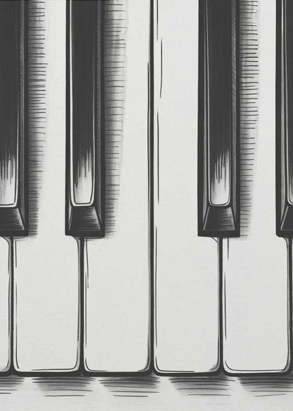 A stylized, close-up illustration of black and white piano keys. The artwork is rendered in a graphic, sketch-like style with bold black outlines and hatched shading. The vertical composition is tightly framed in black, focusing on a small section of the keyboard. Print