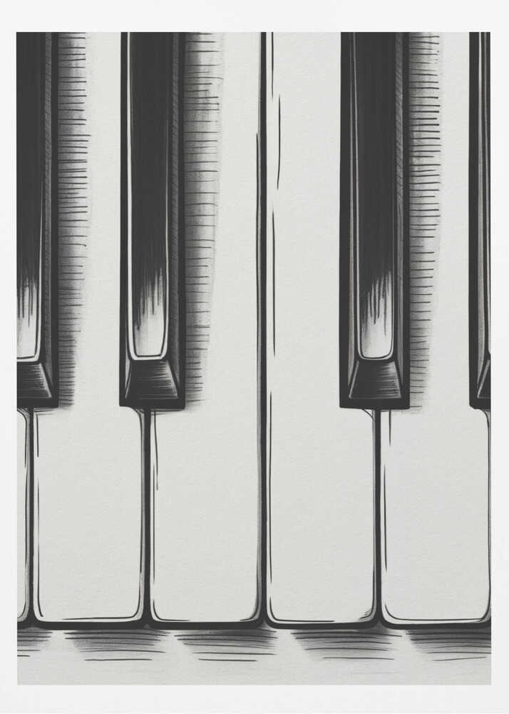 A stylized, close-up illustration of black and white piano keys. The artwork is rendered in a graphic, sketch-like style with bold black outlines and hatched shading. The vertical composition is tightly framed in black, focusing on a small section of the keyboard. Print