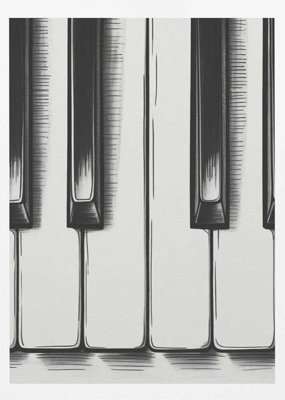 A stylized, close-up illustration of black and white piano keys. The artwork is rendered in a graphic, sketch-like style with bold black outlines and hatched shading. The vertical composition is tightly framed in black, focusing on a small section of the keyboard. Print