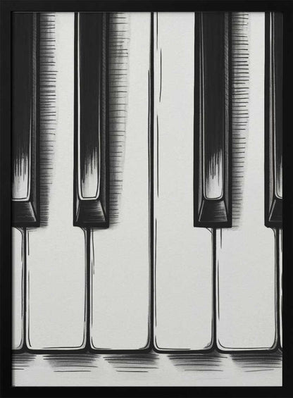 A stylized, close-up illustration of black and white piano keys. The artwork is rendered in a graphic, sketch-like style with bold black outlines and hatched shading. The vertical composition is tightly framed in black, focusing on a small section of the keyboard. Print
