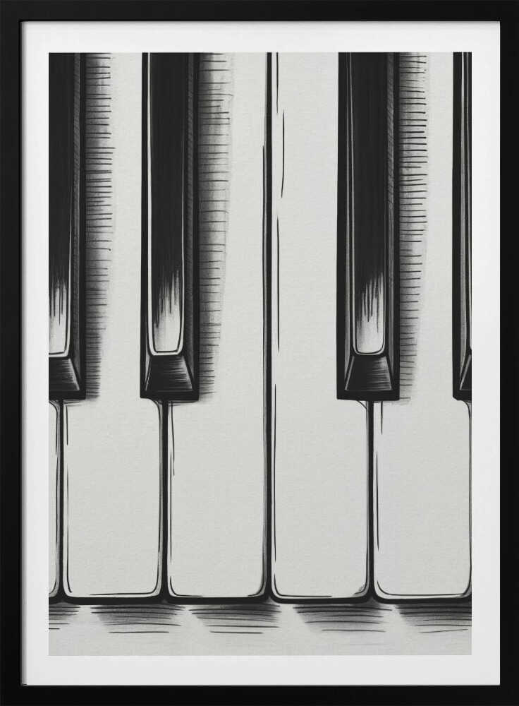 A stylized, close-up illustration of black and white piano keys. The artwork is rendered in a graphic, sketch-like style with bold black outlines and hatched shading. The vertical composition is tightly framed in black, focusing on a small section of the keyboard. Print