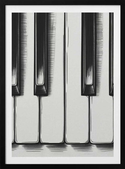 A stylized, close-up illustration of black and white piano keys. The artwork is rendered in a graphic, sketch-like style with bold black outlines and hatched shading. The vertical composition is tightly framed in black, focusing on a small section of the keyboard. Print
