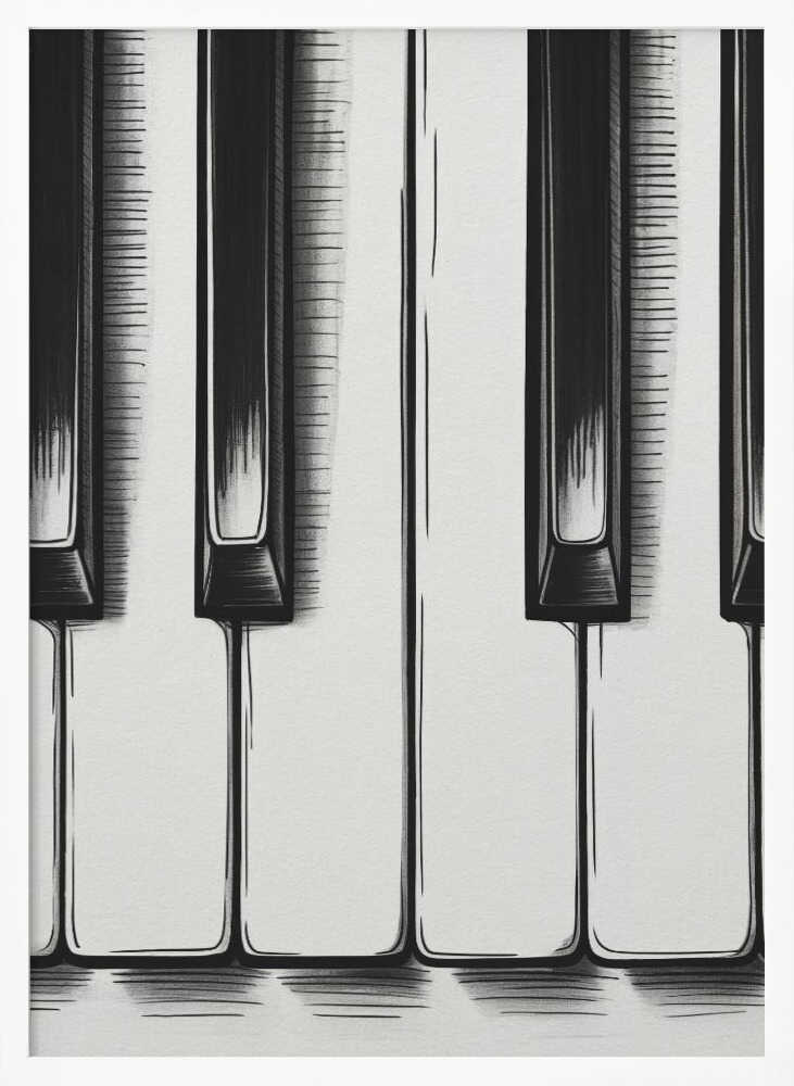 A stylized, close-up illustration of black and white piano keys. The artwork is rendered in a graphic, sketch-like style with bold black outlines and hatched shading. The vertical composition is tightly framed in black, focusing on a small section of the keyboard. Print
