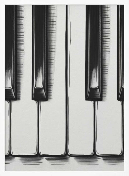 A stylized, close-up illustration of black and white piano keys. The artwork is rendered in a graphic, sketch-like style with bold black outlines and hatched shading. The vertical composition is tightly framed in black, focusing on a small section of the keyboard. Print