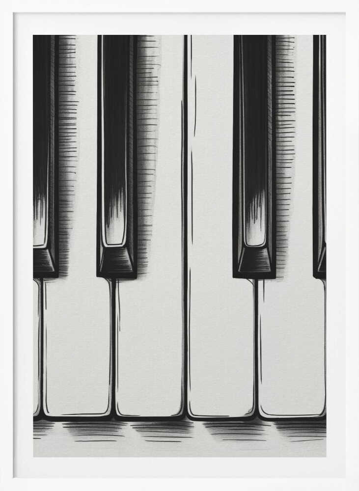 A stylized, close-up illustration of black and white piano keys. The artwork is rendered in a graphic, sketch-like style with bold black outlines and hatched shading. The vertical composition is tightly framed in black, focusing on a small section of the keyboard. Print