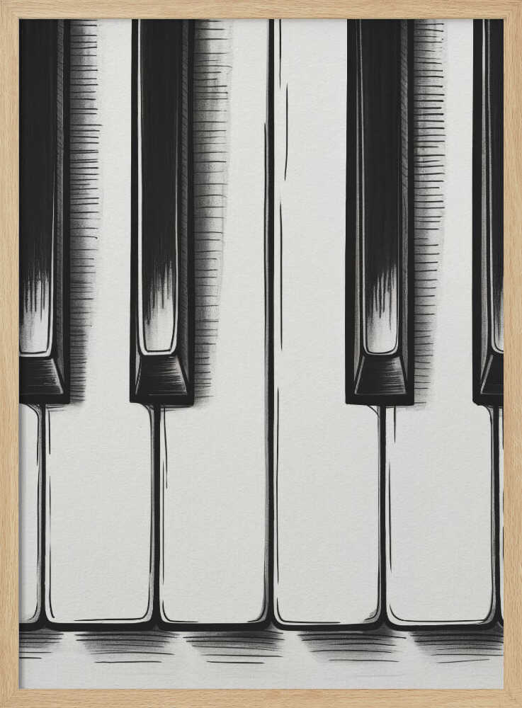 A stylized, close-up illustration of black and white piano keys. The artwork is rendered in a graphic, sketch-like style with bold black outlines and hatched shading. The vertical composition is tightly framed in black, focusing on a small section of the keyboard. Print