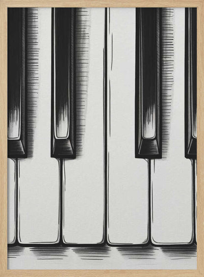 A stylized, close-up illustration of black and white piano keys. The artwork is rendered in a graphic, sketch-like style with bold black outlines and hatched shading. The vertical composition is tightly framed in black, focusing on a small section of the keyboard. Print