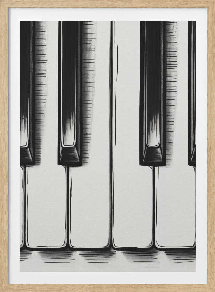 A stylized, close-up illustration of black and white piano keys. The artwork is rendered in a graphic, sketch-like style with bold black outlines and hatched shading. The vertical composition is tightly framed in black, focusing on a small section of the keyboard. Print