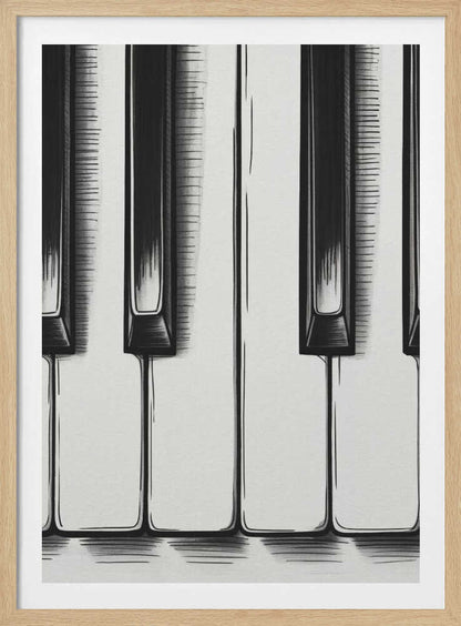 A stylized, close-up illustration of black and white piano keys. The artwork is rendered in a graphic, sketch-like style with bold black outlines and hatched shading. The vertical composition is tightly framed in black, focusing on a small section of the keyboard. Print