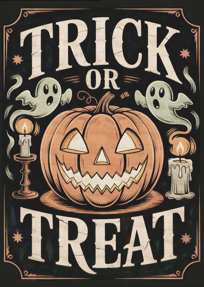 A vintage-style Halloween poster featuring the words 'Trick or Treat'. A large, smiling jack-o'-lantern sits in the center, flanked by two floating ghosts and two lit candles. The background is black with a decorative orange border and small stars. Wall Art