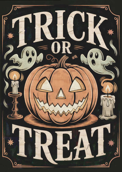 A vintage-style Halloween poster featuring the words 'Trick or Treat'. A large, smiling jack-o'-lantern sits in the center, flanked by two floating ghosts and two lit candles. The background is black with a decorative orange border and small stars. Wall Art