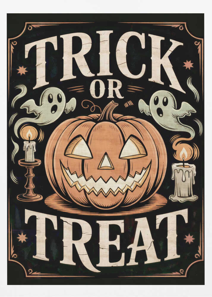 A vintage-style Halloween poster featuring the words 'Trick or Treat'. A large, smiling jack-o'-lantern sits in the center, flanked by two floating ghosts and two lit candles. The background is black with a decorative orange border and small stars. Wall Art