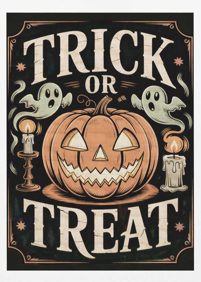 A vintage-style Halloween poster featuring the words 'Trick or Treat'. A large, smiling jack-o'-lantern sits in the center, flanked by two floating ghosts and two lit candles. The background is black with a decorative orange border and small stars. Wall Art