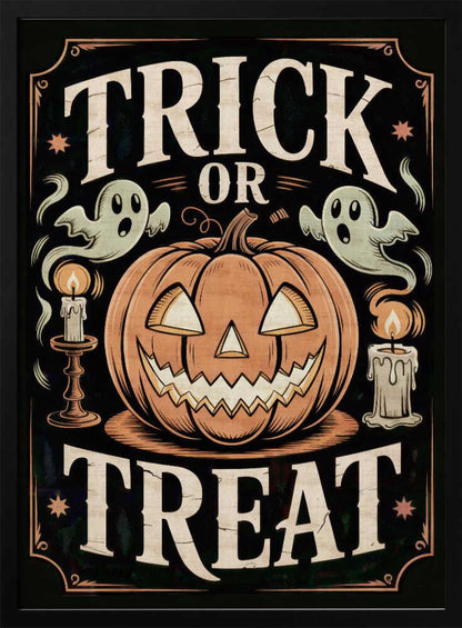 A vintage-style Halloween poster featuring the words 'Trick or Treat'. A large, smiling jack-o'-lantern sits in the center, flanked by two floating ghosts and two lit candles. The background is black with a decorative orange border and small stars. Wall Art