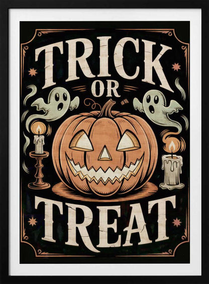 A vintage-style Halloween poster featuring the words 'Trick or Treat'. A large, smiling jack-o'-lantern sits in the center, flanked by two floating ghosts and two lit candles. The background is black with a decorative orange border and small stars. Wall Art