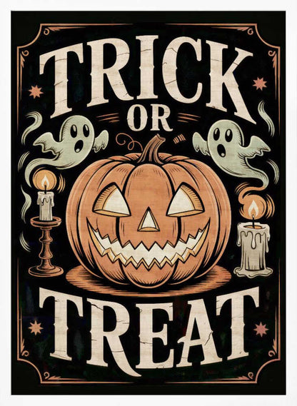 A vintage-style Halloween poster featuring the words 'Trick or Treat'. A large, smiling jack-o'-lantern sits in the center, flanked by two floating ghosts and two lit candles. The background is black with a decorative orange border and small stars. Wall Art