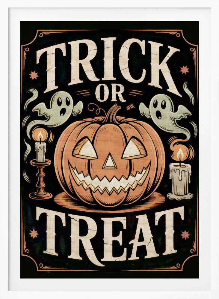 A vintage-style Halloween poster featuring the words 'Trick or Treat'. A large, smiling jack-o'-lantern sits in the center, flanked by two floating ghosts and two lit candles. The background is black with a decorative orange border and small stars. Wall Art