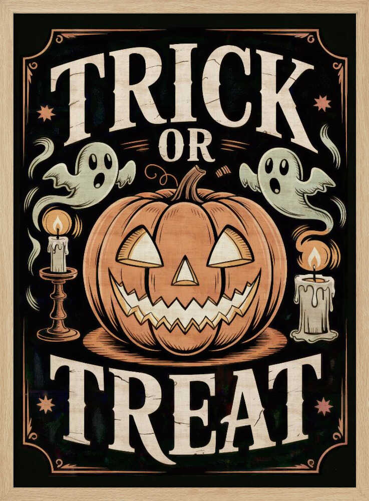 A vintage-style Halloween poster featuring the words 'Trick or Treat'. A large, smiling jack-o'-lantern sits in the center, flanked by two floating ghosts and two lit candles. The background is black with a decorative orange border and small stars. Wall Art
