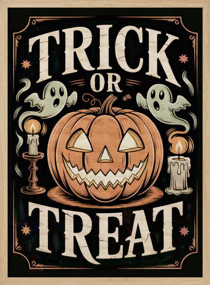 A vintage-style Halloween poster featuring the words 'Trick or Treat'. A large, smiling jack-o'-lantern sits in the center, flanked by two floating ghosts and two lit candles. The background is black with a decorative orange border and small stars. Wall Art