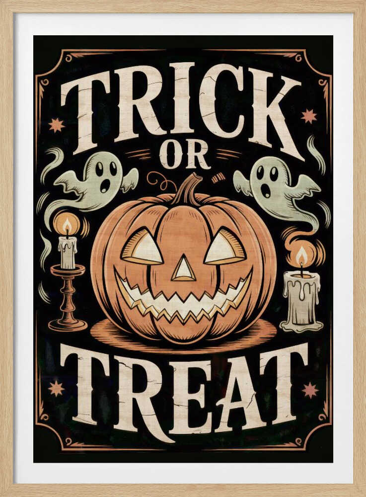 A vintage-style Halloween poster featuring the words 'Trick or Treat'. A large, smiling jack-o'-lantern sits in the center, flanked by two floating ghosts and two lit candles. The background is black with a decorative orange border and small stars. Wall Art