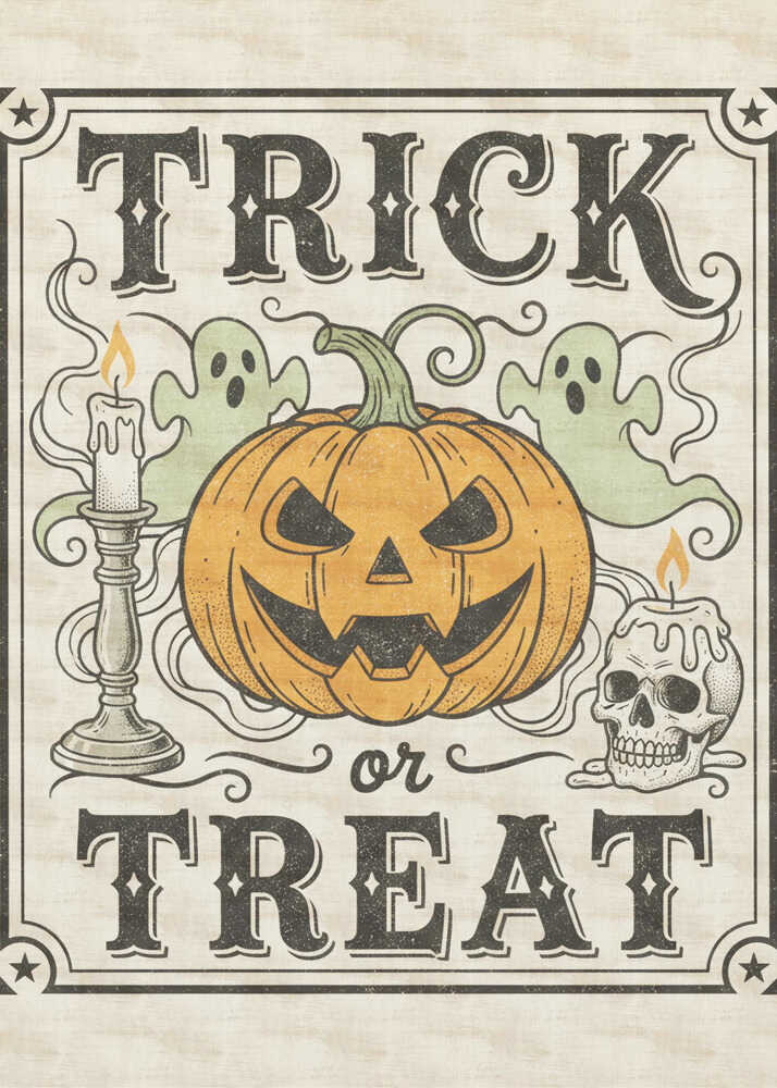 A vintage-style Halloween art print with the words 'TRICK or TREAT' in a stylized black font. In the center is a large orange jack-o'-lantern flanked by two small green ghosts, a lit candle in a candlestick, and a lit candle on a skull. The background is a distressed cream color, and the entire image is enclosed in a decorative border with stars in the corners. Poster