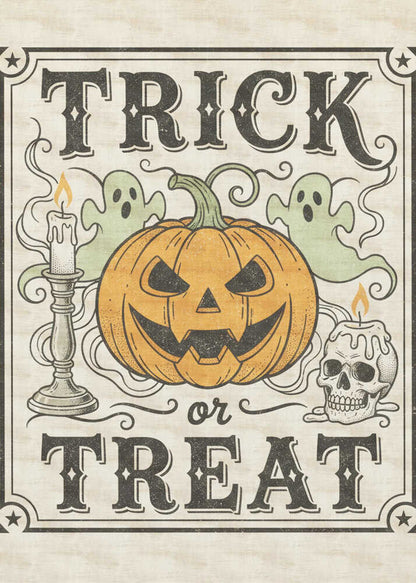 A vintage-style Halloween art print with the words 'TRICK or TREAT' in a stylized black font. In the center is a large orange jack-o'-lantern flanked by two small green ghosts, a lit candle in a candlestick, and a lit candle on a skull. The background is a distressed cream color, and the entire image is enclosed in a decorative border with stars in the corners. Poster