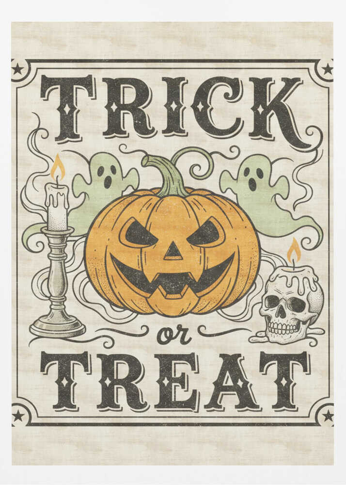 A vintage-style Halloween art print with the words 'TRICK or TREAT' in a stylized black font. In the center is a large orange jack-o'-lantern flanked by two small green ghosts, a lit candle in a candlestick, and a lit candle on a skull. The background is a distressed cream color, and the entire image is enclosed in a decorative border with stars in the corners. Poster