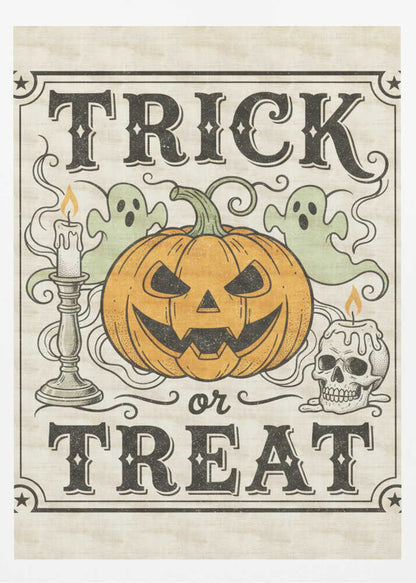 A vintage-style Halloween art print with the words 'TRICK or TREAT' in a stylized black font. In the center is a large orange jack-o'-lantern flanked by two small green ghosts, a lit candle in a candlestick, and a lit candle on a skull. The background is a distressed cream color, and the entire image is enclosed in a decorative border with stars in the corners. Poster