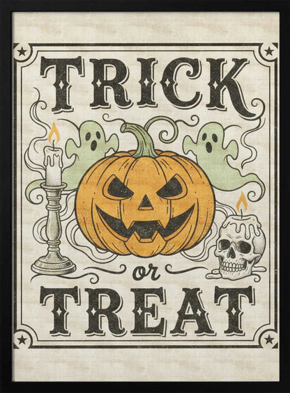 A vintage-style Halloween art print with the words 'TRICK or TREAT' in a stylized black font. In the center is a large orange jack-o'-lantern flanked by two small green ghosts, a lit candle in a candlestick, and a lit candle on a skull. The background is a distressed cream color, and the entire image is enclosed in a decorative border with stars in the corners. Poster