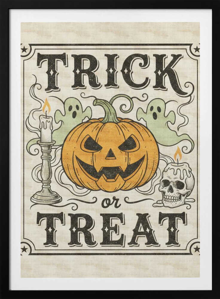 A vintage-style Halloween art print with the words 'TRICK or TREAT' in a stylized black font. In the center is a large orange jack-o'-lantern flanked by two small green ghosts, a lit candle in a candlestick, and a lit candle on a skull. The background is a distressed cream color, and the entire image is enclosed in a decorative border with stars in the corners. Poster