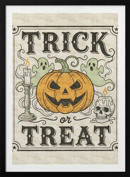 A vintage-style Halloween art print with the words 'TRICK or TREAT' in a stylized black font. In the center is a large orange jack-o'-lantern flanked by two small green ghosts, a lit candle in a candlestick, and a lit candle on a skull. The background is a distressed cream color, and the entire image is enclosed in a decorative border with stars in the corners. Poster