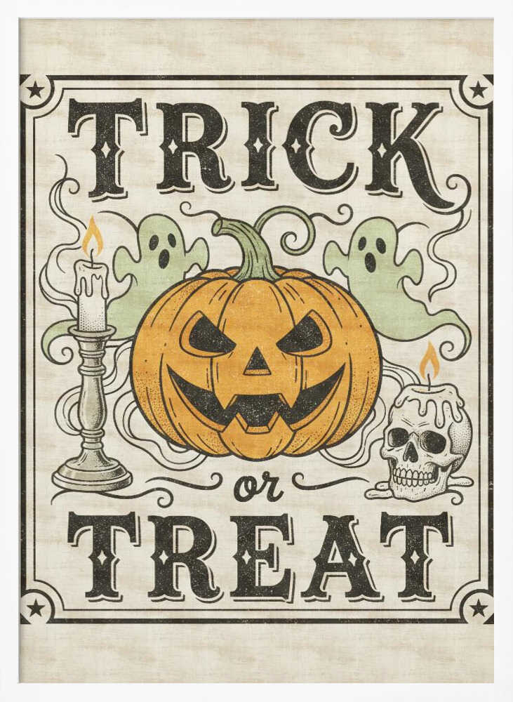 A vintage-style Halloween art print with the words 'TRICK or TREAT' in a stylized black font. In the center is a large orange jack-o'-lantern flanked by two small green ghosts, a lit candle in a candlestick, and a lit candle on a skull. The background is a distressed cream color, and the entire image is enclosed in a decorative border with stars in the corners. Poster