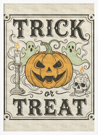 A vintage-style Halloween art print with the words 'TRICK or TREAT' in a stylized black font. In the center is a large orange jack-o'-lantern flanked by two small green ghosts, a lit candle in a candlestick, and a lit candle on a skull. The background is a distressed cream color, and the entire image is enclosed in a decorative border with stars in the corners. Poster
