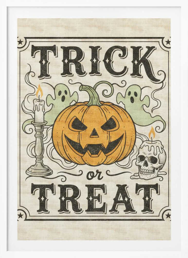 A vintage-style Halloween art print with the words 'TRICK or TREAT' in a stylized black font. In the center is a large orange jack-o'-lantern flanked by two small green ghosts, a lit candle in a candlestick, and a lit candle on a skull. The background is a distressed cream color, and the entire image is enclosed in a decorative border with stars in the corners. Poster