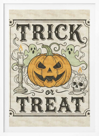 A vintage-style Halloween art print with the words 'TRICK or TREAT' in a stylized black font. In the center is a large orange jack-o'-lantern flanked by two small green ghosts, a lit candle in a candlestick, and a lit candle on a skull. The background is a distressed cream color, and the entire image is enclosed in a decorative border with stars in the corners. Poster