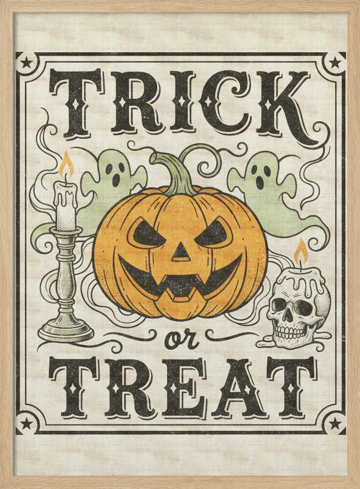 A vintage-style Halloween art print with the words 'TRICK or TREAT' in a stylized black font. In the center is a large orange jack-o'-lantern flanked by two small green ghosts, a lit candle in a candlestick, and a lit candle on a skull. The background is a distressed cream color, and the entire image is enclosed in a decorative border with stars in the corners. Poster